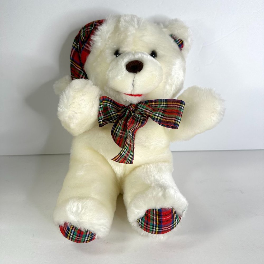 White Christmas Teddy Bear Cuddle Wit Wearing Plaid Hat and Bow